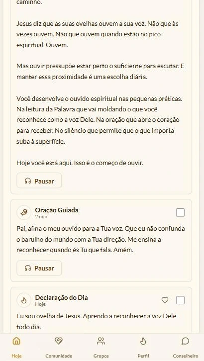 Reflexão do dia com player de áudio ativo, botão Pausar visível